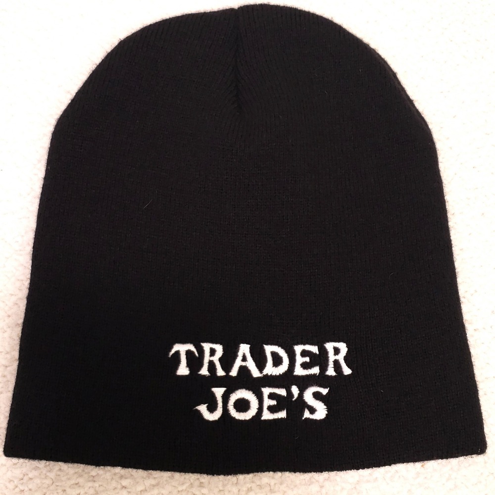 Trader Joe's Beanie Unisex One Size Black Embroidered Logo Knit Hat Winter Warm